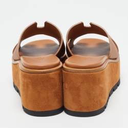 Pre Owned Hermes Brown Leather Eze Platform Cork Wedge Sandals Size 37