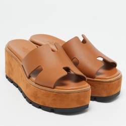 Pre Owned Hermes Brown Leather Eze Platform Cork Wedge Sandals Size 37