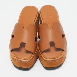 Pre Owned Hermes Brown Leather Eze Platform Cork Wedge Sandals Size 37
