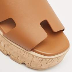 Hermes Brown Leather Eze Platform Cork Wedge Sandals Size 38