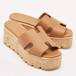 Hermes Brown Leather Eze Platform Cork Wedge Sandals Size 38