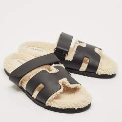 Pre Owned Hermes Black Leather and Shearling Fur Lined Chypre Sandals Size 40