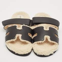 Pre Owned Hermes Black Leather and Shearling Fur Lined Chypre Sandals Size 40