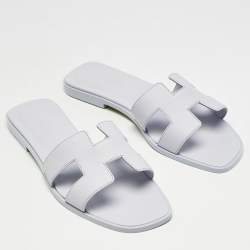Pre Owned Hermes Blue Glacier Leather Oran Flat Slides Size 37.5