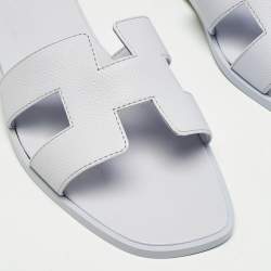 Pre Owned Hermes Blue Glacier Leather Oran Flat Slides Size 37.5