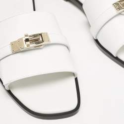 Pre Owned Hermes White Leather Giulia Flat Slides Size 37