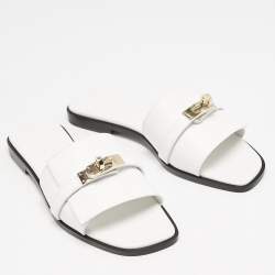 Pre Owned Hermes White Leather Giulia Flat Slides Size 37