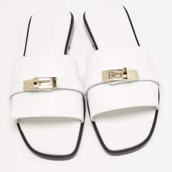 Pre Owned Hermes White Leather Giulia Flat Slides Size 37