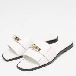 Pre Owned Hermes White Leather Giulia Flat Slides Size 37