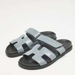 Hermes Blue Lizard Leather Chypre Flat Sandals Size 38