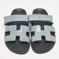 Hermes Blue Lizard Leather Chypre Flat Sandals Size 38