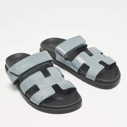 Hermes Blue Lizard Leather Chypre Flat Sandals Size 38