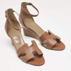 Pre Owned Hermes Brown Leather Legend Wedge Sandals Size 41