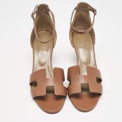 Pre Owned Hermes Brown Leather Legend Wedge Sandals Size 41