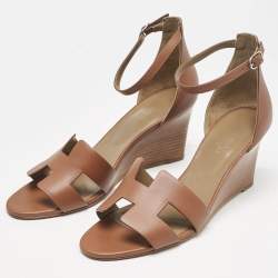 Pre Owned Hermes Brown Leather Legend Wedge Sandals Size 41