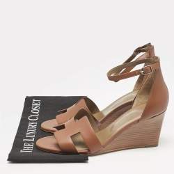 Pre Owned Hermes Brown Leather Legend Wedge Sandals Size 41