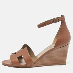 Pre Owned Hermes Brown Leather Legend Wedge Sandals Size 41