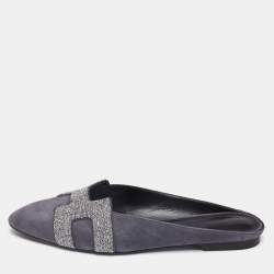 Hermès Grey Suede Crystal Embellished Roxane Flat Mules Size 40
