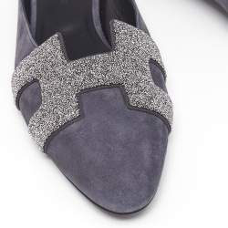 Hermès Grey Suede Crystal Embellished Roxane Flat Mules Size 40