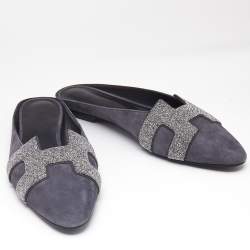 Hermès Grey Suede Crystal Embellished Roxane Flat Mules Size 40