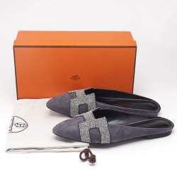Hermès Grey Suede Crystal Embellished Roxane Flat Mules Size 40
