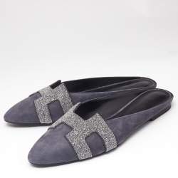 Hermès Grey Suede Crystal Embellished Roxane Flat Mules Size 40