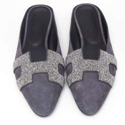 Hermès Grey Suede Crystal Embellished Roxane Flat Mules Size 40