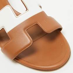 Hermes Brown/White Leather Oasis Slide Sandals Size 36.5