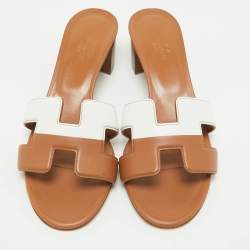Hermes Brown/White Leather Oasis Slide Sandals Size 36.5