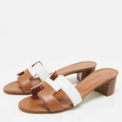 Hermes Brown/White Leather Oasis Slide Sandals Size 36.5