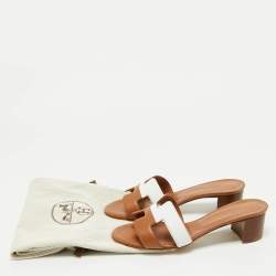 Hermes Brown/White Leather Oasis Slide Sandals Size 36.5