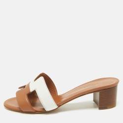 Hermes Brown/White Leather Oasis Slide Sandals Size 36.5