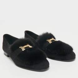 Hermès Black Mink Fur and Suede Smoking Slippers Size 36