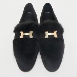 Hermès Black Mink Fur and Suede Smoking Slippers Size 36