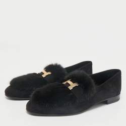 Hermès Black Mink Fur and Suede Smoking Slippers Size 36