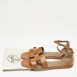 Hermès Brown Leather Santorini Ankle Strap Flat Sandals Size 40