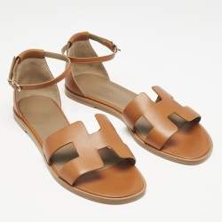 Hermès Brown Leather Santorini Ankle Strap Flat Sandals Size 40
