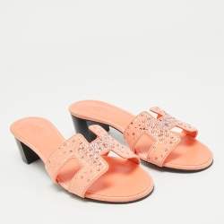 Pre Owned Hermes Orange Suede Crystal Embellished Oasis Slide Sandals Size 37