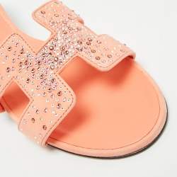 Pre Owned Hermes Orange Suede Crystal Embellished Oasis Slide Sandals Size 37