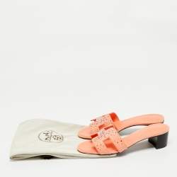 Pre Owned Hermes Orange Suede Crystal Embellished Oasis Slide Sandals Size 37