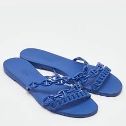 Pre Owned Hermes Blue Rubber Chaine d'Ancre Rivage Flat Slide Sandals Size 39
