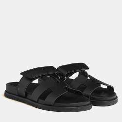 Pre Owned Hermes Chypre Sandal Size 38.5 Noir Calfskin