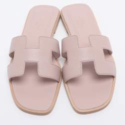 Pre Owned Hermès Pink Leather Oran Flats Slides Size 38