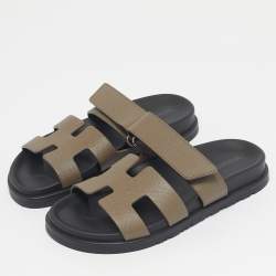 Pre Owned Hermes Green Leather Chypre Slide Sandals Size 34