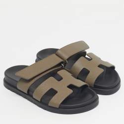Pre Owned Hermes Green Leather Chypre Slide Sandals Size 34