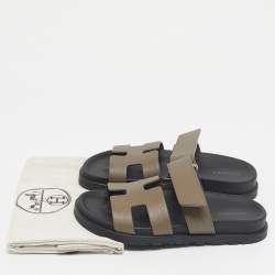 Pre Owned Hermes Green Leather Chypre Slide Sandals Size 34