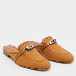 Pre Owned Hermès Brown Fabric and Leather Oz Mules Size 39