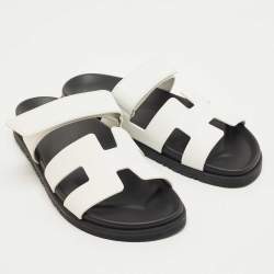 Pre Owned Hermes White/Black Leather Chypre Flat Slides Size 40