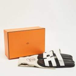 Pre Owned Hermes White/Black Leather Chypre Flat Slides Size 40