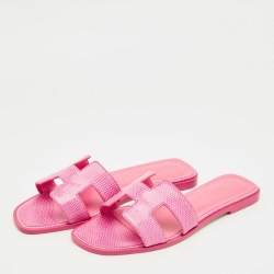 Pre Owned Hermès Pink Lizard Oran Flat Slides Size 40